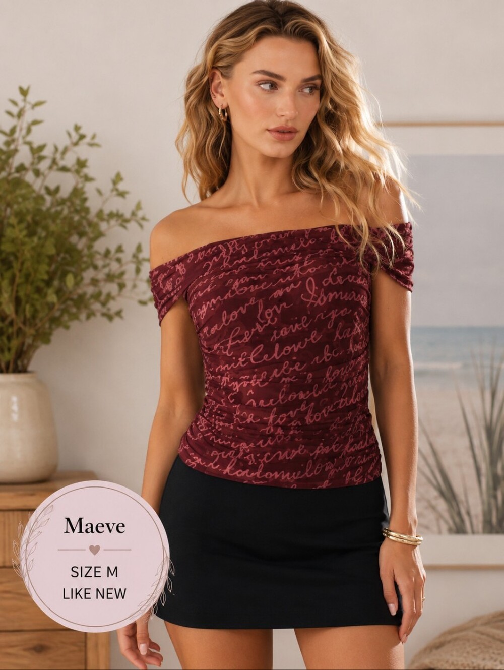 Maeve Off-Shoulder Script Mesh Top in Burgundy Size M